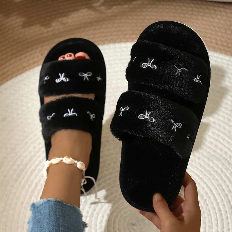 Embroidery Garments - Fashion Bow Embroidery Fluffy Slippers Women