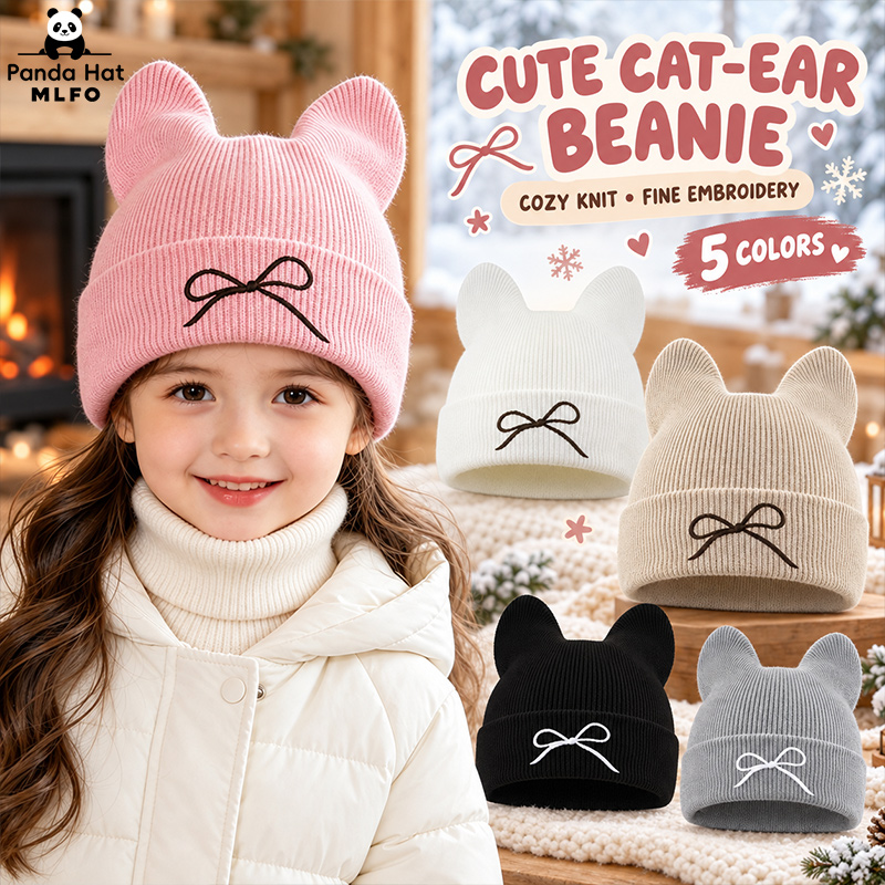 Embroidery Cat - 1-3Y Toddler Cat Ear Knit Beanie,