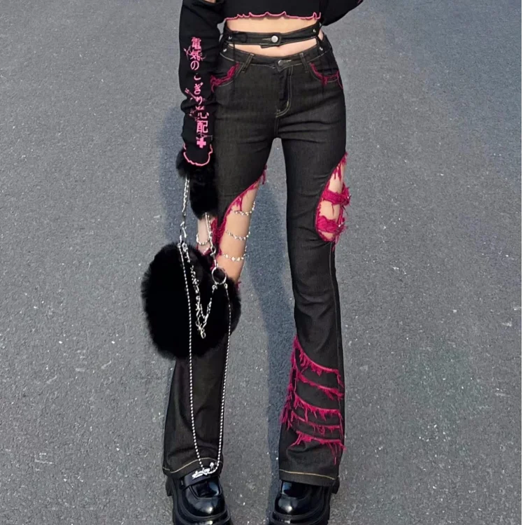 Embroidery Jeans Sakura - Japanese Punk Girl Black Jeans Subculture