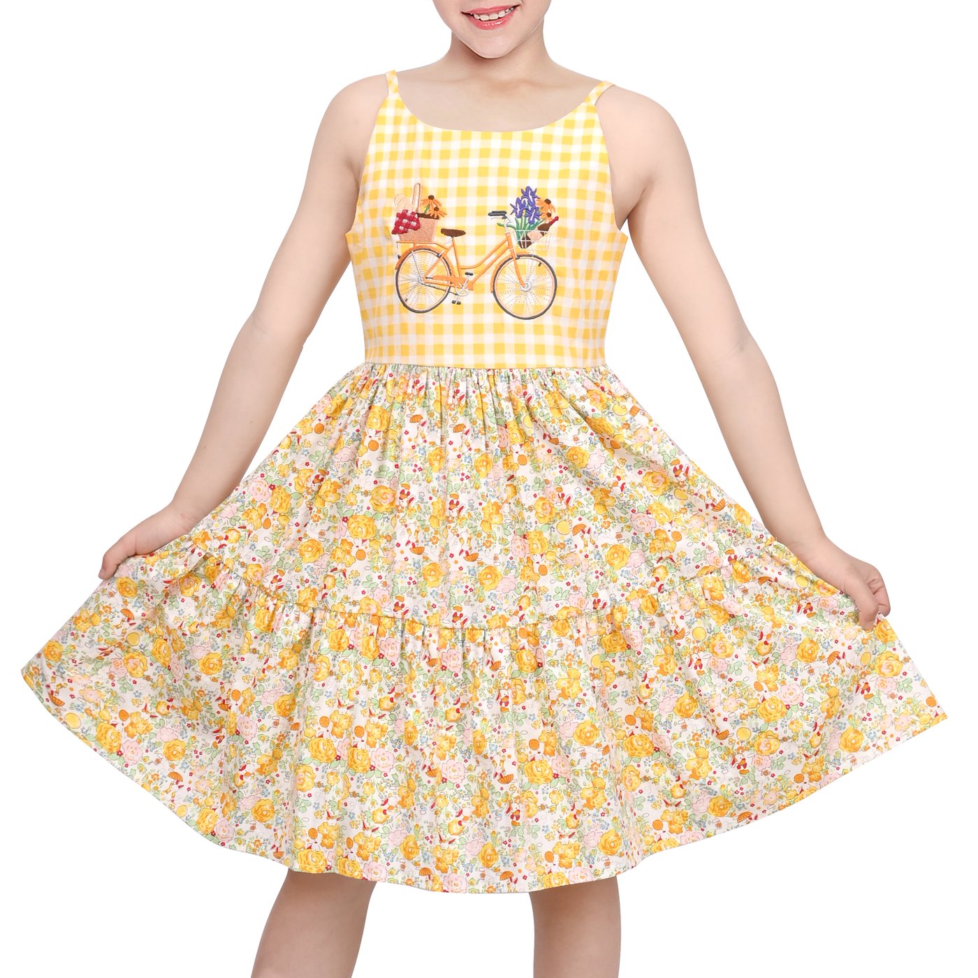 Embroidery Yellow Dress - Girls Dress Yellow Gingham Bicycle Embroidery