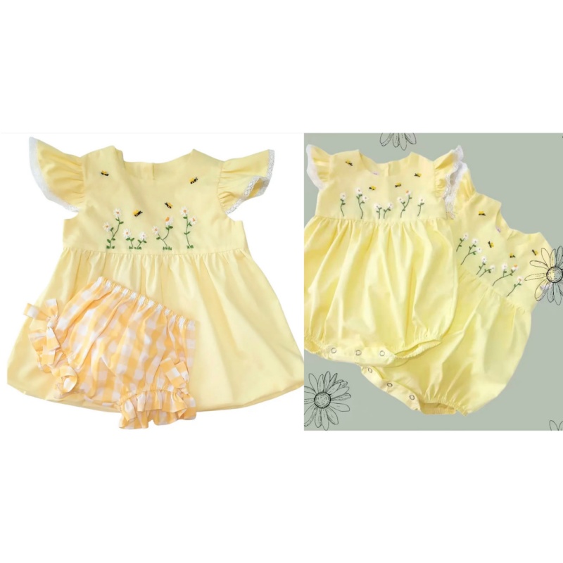 Embroidery Yellow Dress - Baby Girl Summer 2PCS Outfit Bees
