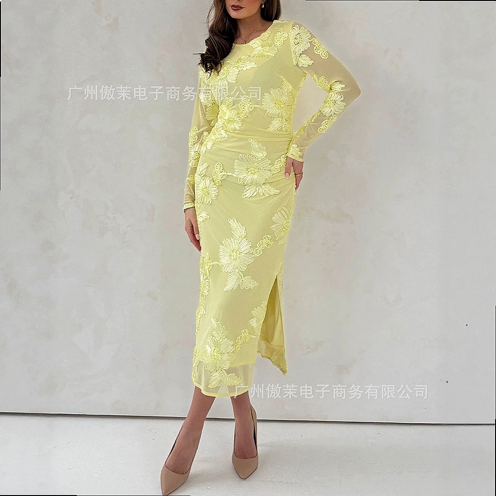 Bright Yellow 3D Floral Embroi - огляд і ціна Embroidery Yellow Dress